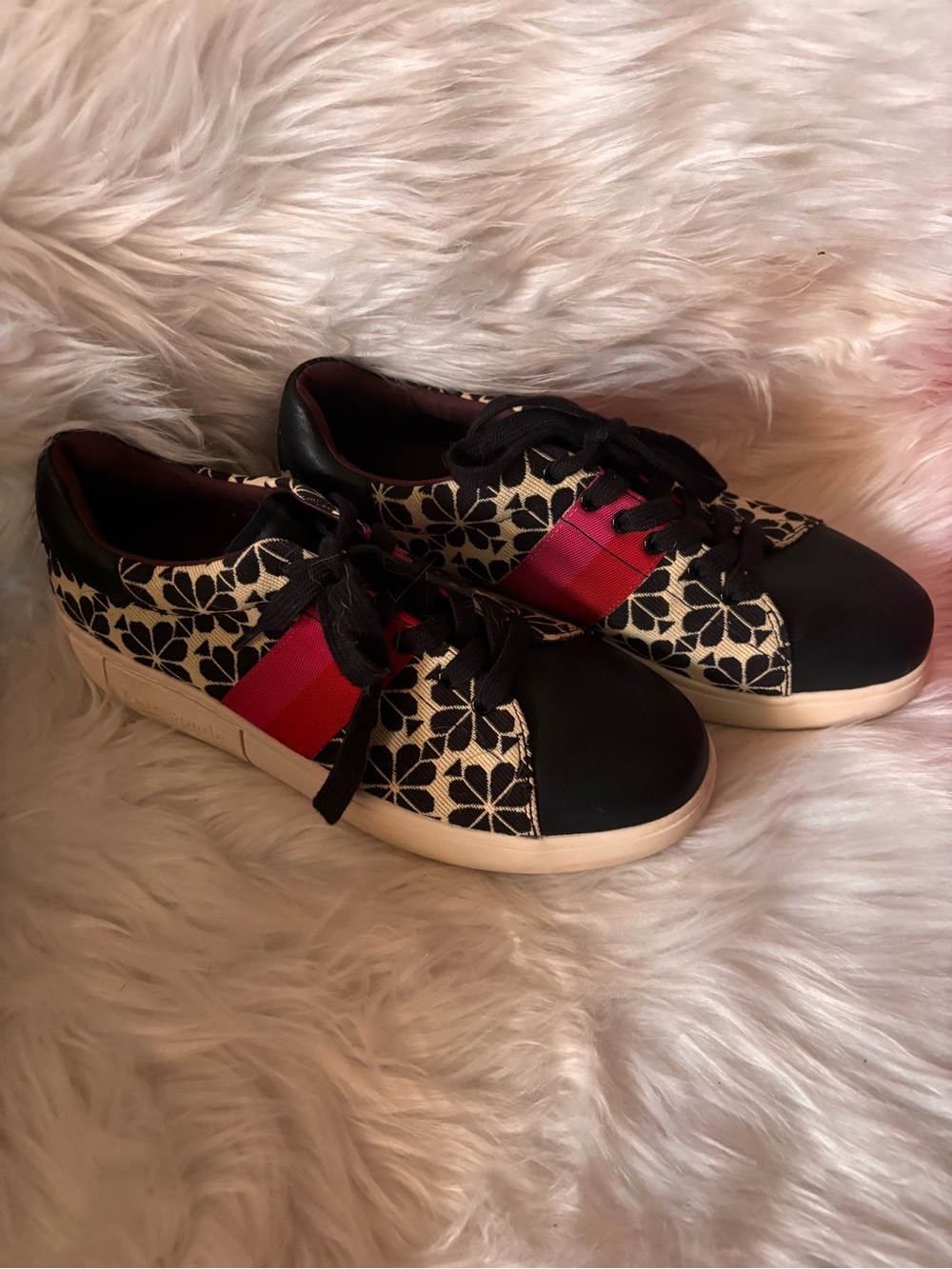 Kate Spade Black & White Floral Lace-Up Sneakers with Red and Pink Stripes